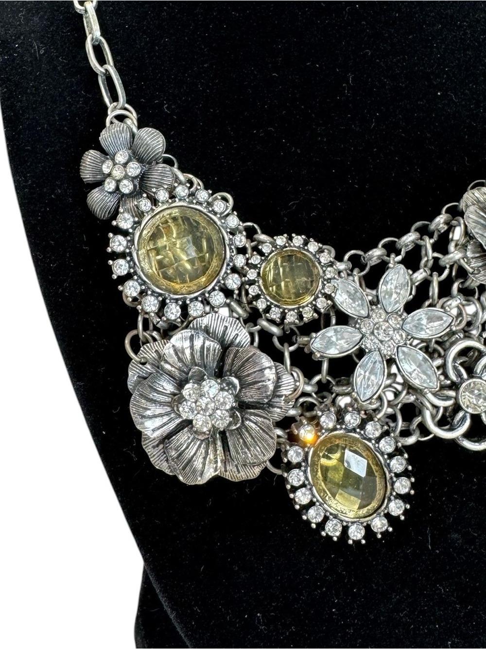 VTG Silver Tone Multi Stone Floral & Amber Gem Accents Statement Necklace - Picture 3 of 7